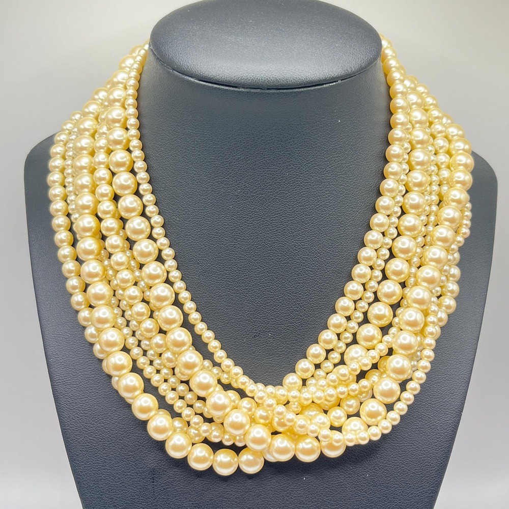 Vintage Multi Strand Faux Pearl Statement Choker Necklace w/ 8 Strands